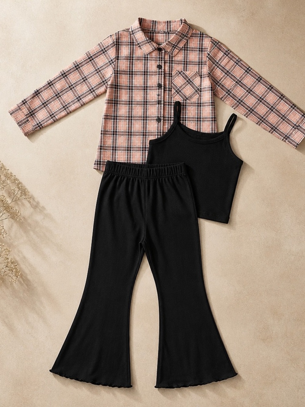 Girls 3-Piece Pajama Set - Pink Plaid Shirt with Black Tank & Black Pants